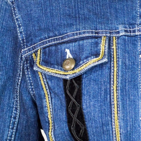 LIVE A LITTLE Blue Embroidery Embellished Long Sleeve Jean Jacket M - Picture 4 of 13